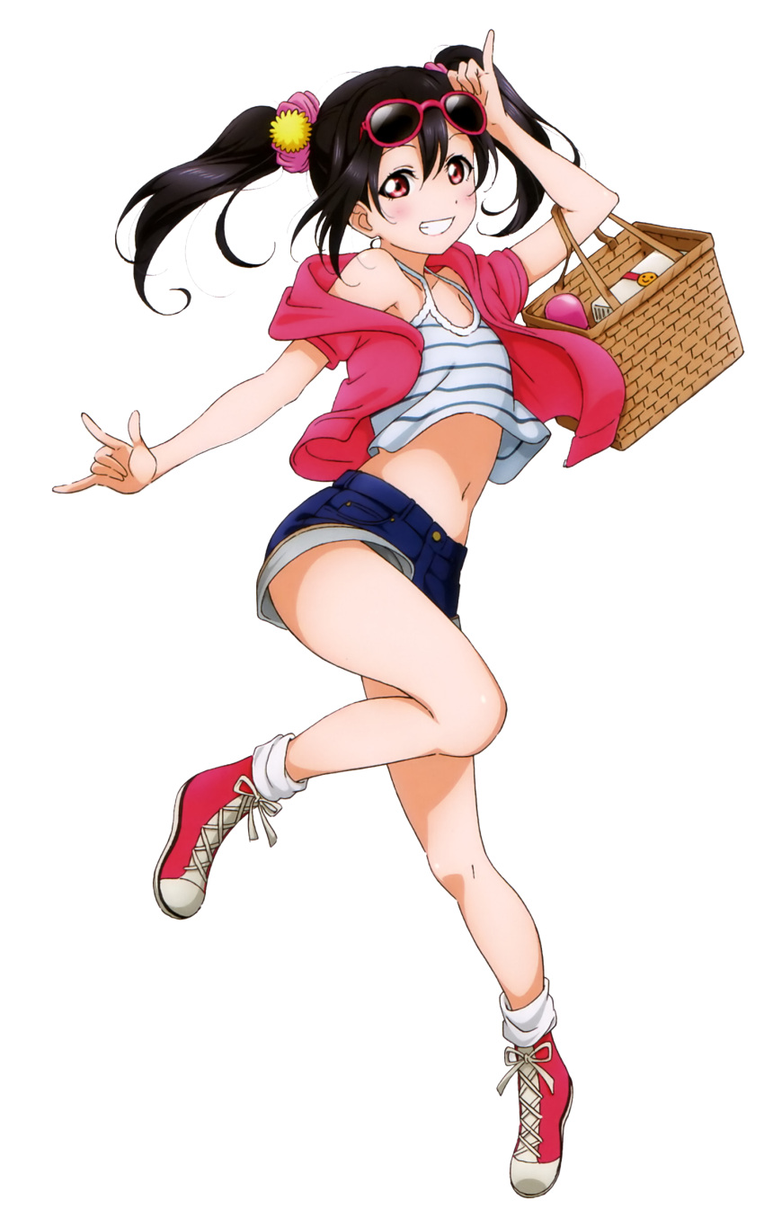 1girl black_hair blue_shorts denim denim_shorts glasses_on_head grin hair_ornament highres jacket long_hair love_live! love_live!_school_idol_project midriff navel official_art open_clothes open_jacket red_eyes red_jacket scan shirt short_shorts shorts smile solo striped striped_shirt transparent_background twintails yazawa_nico