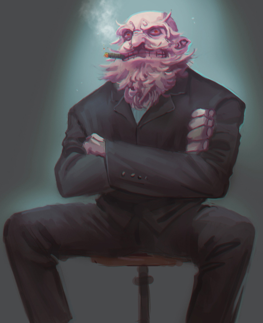1boy bald beard black_pants black_shirt blue_shirt business_suit chair cigar crossed_arms dress_shirt facial_hair formal highres light_rays long_sleeves looking_at_viewer male_focus mustache nose ouka_musci pants red_eyes shirt sitting smoking solo spread_legs stool suit touhou unzan