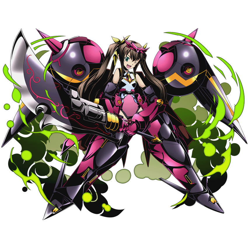 1girl brown_hair divine_gate fang full_body green_eyes hair_ribbon highres holding holding_weapon huang_lingyin infinite_stratos leotard long_hair looking_at_viewer mecha_musume necktie official_art one_eye_closed open_mouth ribbon short_necktie solo transparent_background twintails ucmm weapon yellow_necktie yellow_ribbon