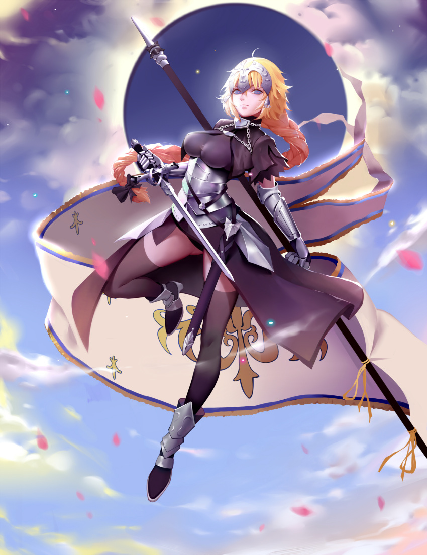 1girl absurdres ahoge armor armored_dress black_legwear blonde_hair braid breasts dual_wielding fate/grand_order fate_(series) faulds floating full_body gauntlets headpiece highres jeanne_alter large_breasts long_hair petals polearm reverse_grip ruler_(fate/apocrypha) single_braid solo sword thigh-highs thighs very_long_hair weapon zhano_kun
