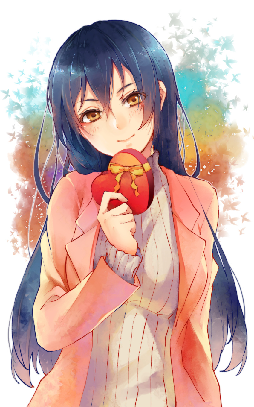 1girl bangs blue_hair blush breasts closed_mouth dress eyelashes gift grey_sweater hair_between_eyes head_tilt heart-shaped_box highres holding holding_gift long_hair long_sleeves looking_at_viewer love_live! love_live!_school_idol_project pink_jacket ribbed_sweater ribbon smile solo sonoda_umi sweater sweater_dress turtleneck turtleneck_sweater upper_body valentine yellow_eyes yellow_ribbon yumari_nakura
