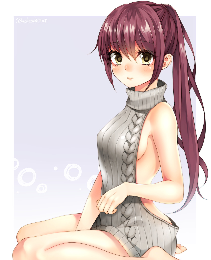 1girl aran_sweater backless_outfit bangs bare_back bare_shoulders barefoot between_legs blush breasts brown_hair closed_mouth dress eyebrows_visible_through_hair eyelashes from_side green_eyes grey_dress grey_sweater halterneck hand_between_legs hand_up highres long_hair looking_at_viewer medium_breasts meme_attire naked_sweater no_bra open-back_dress original pink_lips ponytail ribbed_sweater sideboob sidelocks sitting sleeveless sleeveless_turtleneck solo sweater sweater_dress turtleneck turtleneck_sweater twitter_username virgin_killer_sweater wakatsuki_you wariza