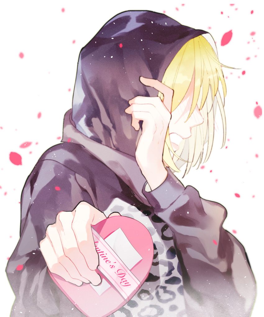 1boy ahoi animal_print blonde_hair blush covering_face english facing_away gift hand_up heart-shaped_box highres holding holding_gift hood hoodie incoming_gift leopard_print light_particles long_sleeves male_focus note open_mouth outstretched_arm petals profile simple_background solo upper_body valentine white_background yuri!!!_on_ice yuri_plisetsky