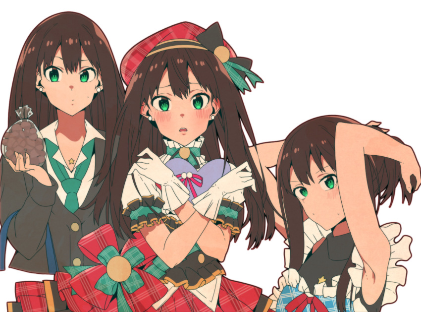 1girl apron beret brown_hair cardigan erere expressions gift green_eyes hat heart-shaped_box holding holding_gift idolmaster idolmaster_cinderella_girls jewelry long_hair looking_at_viewer necklace necktie plaid school_uniform shibuya_rin simple_background tying_hair valentine white_background