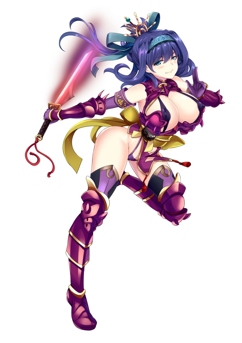 1girl absurdres aqua_eyes armor armored_boots blade blue_hair boots breasts erect_nipples floating_hair full_body hairband hand_gesture headdress highres holding holding_weapon large_breasts long_hair looking_at_viewer pelvic_curtain simple_background smile solo weapon white_background