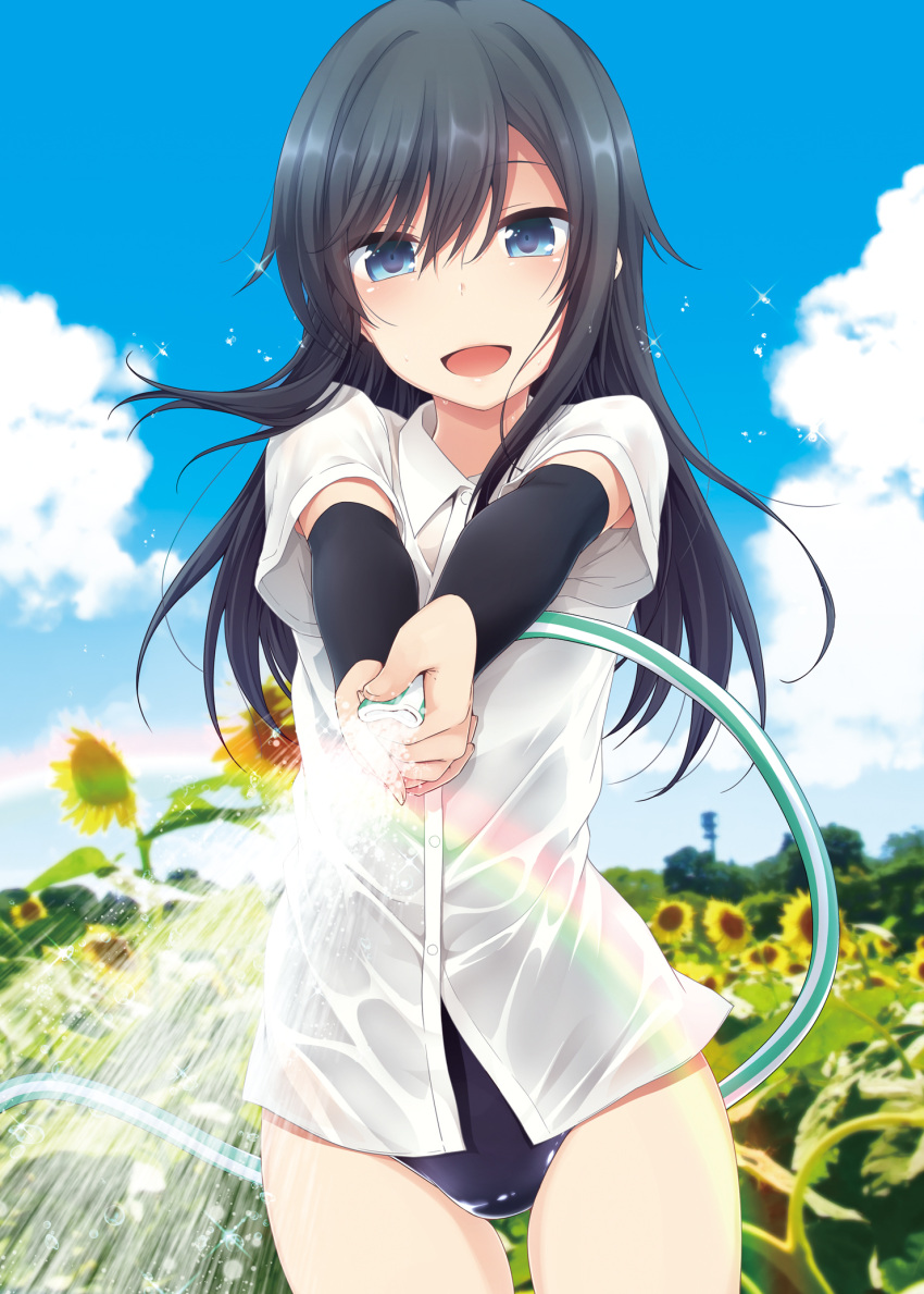 1girl :d arm_warmers armpit_peek asashio_(kantai_collection) black_hair blue_eyes blue_sky blurry cowboy_shot depth_of_field dress_shirt eyebrows_visible_through_hair flower highres hose kantai_collection long_hair nagami_yuu one-piece_swimsuit open_mouth outdoors rainbow see-through shirt sky smile solo sparkle sunflower swimsuit swimsuit_under_clothes water wet wet_clothes wet_shirt