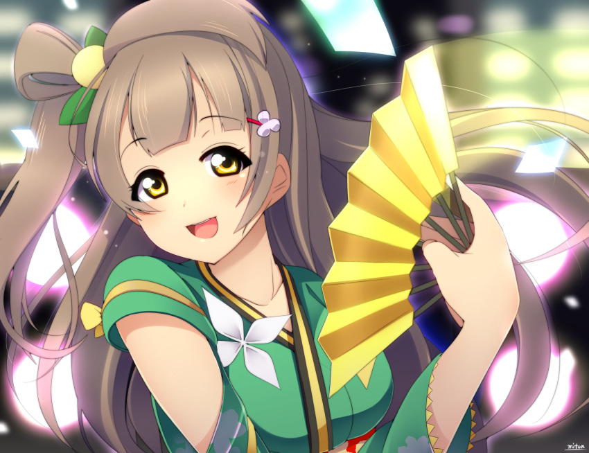1girl angelic_angel brown_hair collarbone detached_sleeves hair_ornament highres holding japanese_clothes kimono long_hair love_live! love_live!_school_idol_project minami_kotori miton_(turuyasann) one_side_up open_mouth solo yellow_eyes yukata