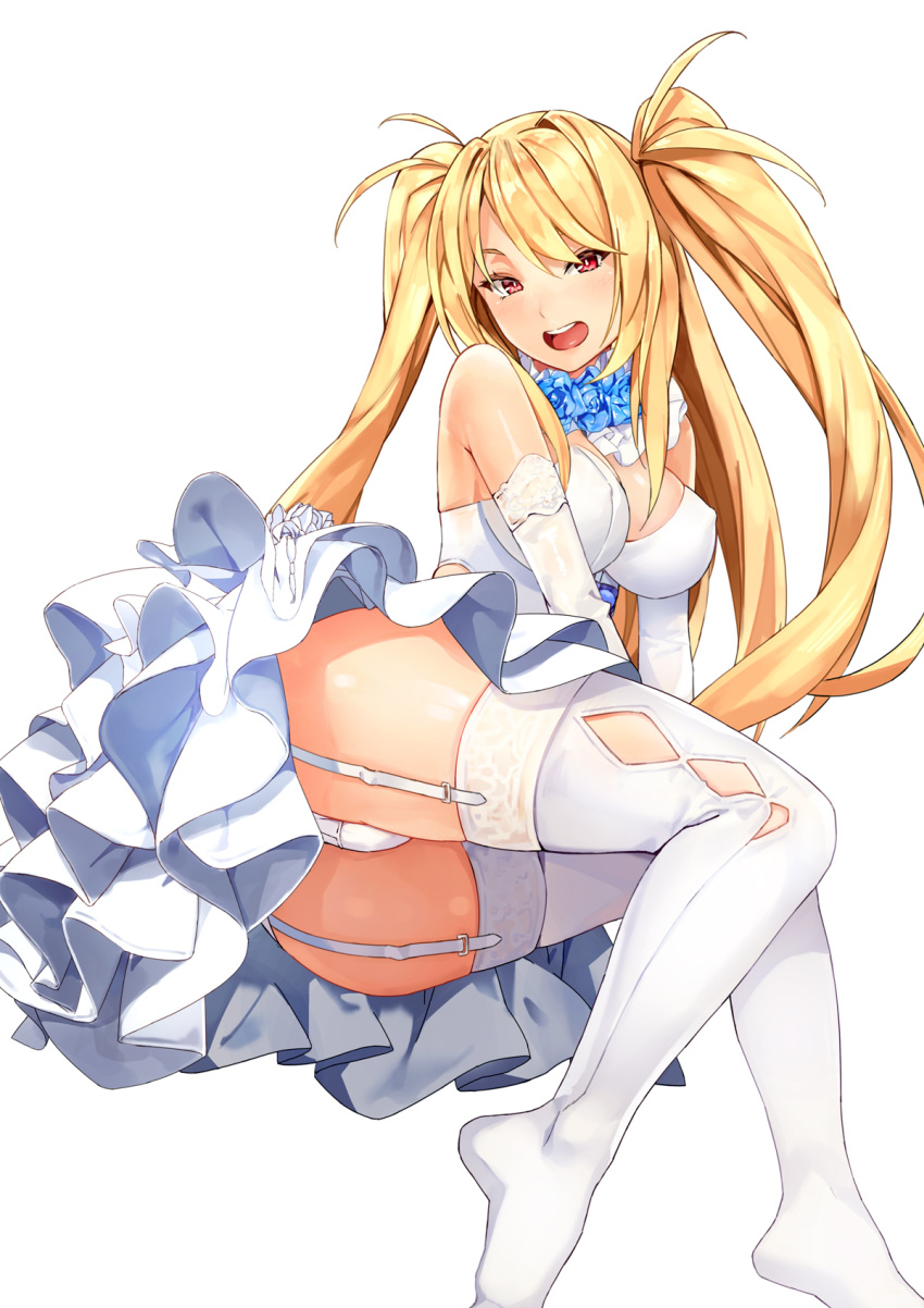 1girl ass bangs bare_shoulders blonde_hair blue_flower blue_rose breasts buck_teeth cleavage detached_collar dress elbow_gloves erect_nipples flower flower_collar frilled_dress frills garter_straps gloves highres honey_yun large_breasts long_hair looking_at_viewer lying on_side open_mouth original panties pantyshot pantyshot_(lying) red_eyes rose simple_background smile solo strapless strapless_dress teeth thigh-highs tongue underwear white_background white_dress white_gloves white_legwear white_panties