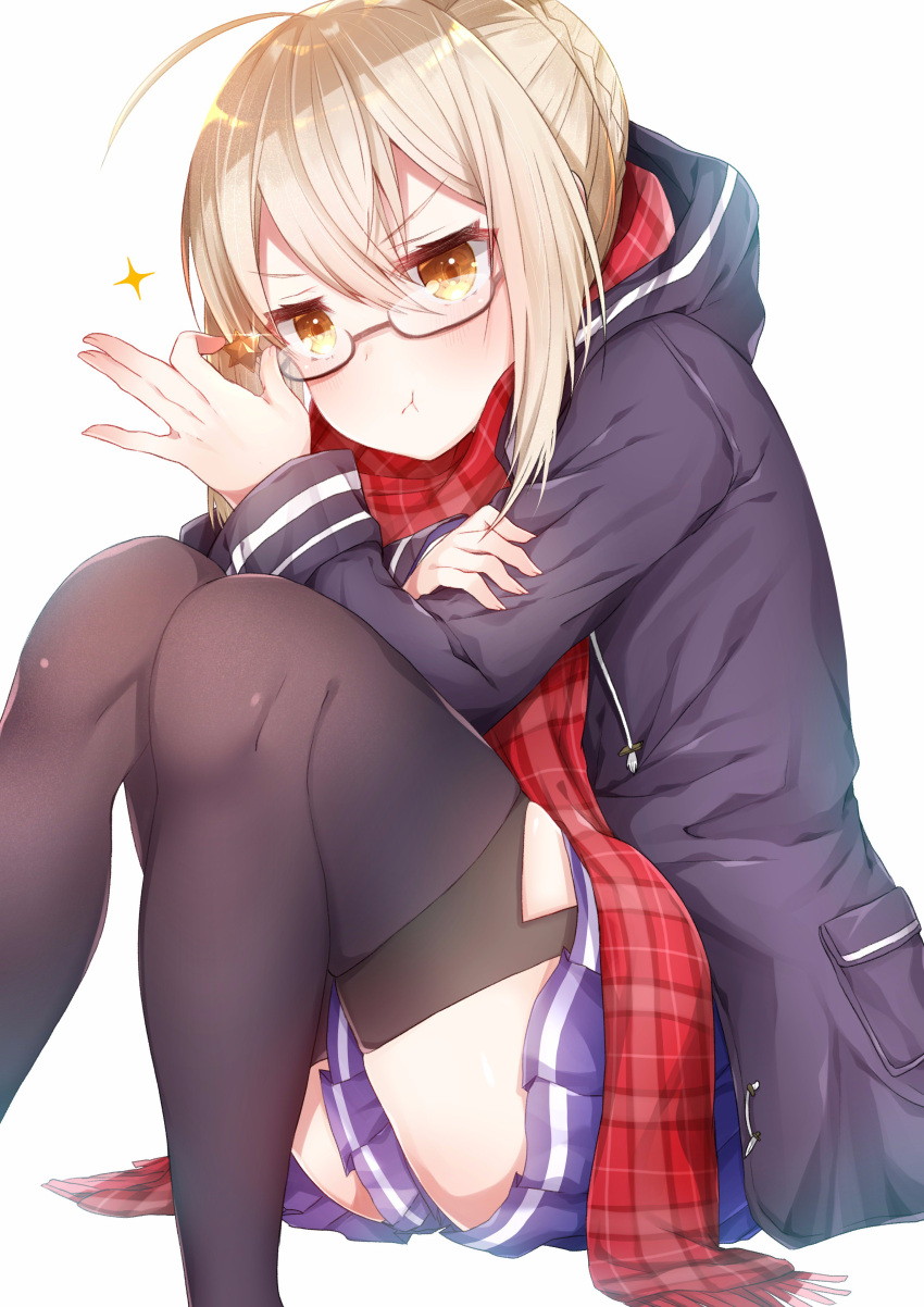 &gt;:t 1girl :t absurdres ahoge akiran'nu bangs black-framed_eyewear black_legwear blue_skirt blush braid closed_mouth duffel_coat eyebrows_visible_through_hair fate/grand_order fate_(series) french_braid glasses hair_between_eyes heroine_x heroine_x_(alter) highres holding jitome knees_together_feet_apart looking_at_viewer plaid plaid_scarf pleated_skirt red_scarf saber scarf semi-rimless_glasses short_hair_with_long_locks sidelocks simple_background sitting skirt solo sparkle thigh-highs thighs under-rim_glasses white_background
