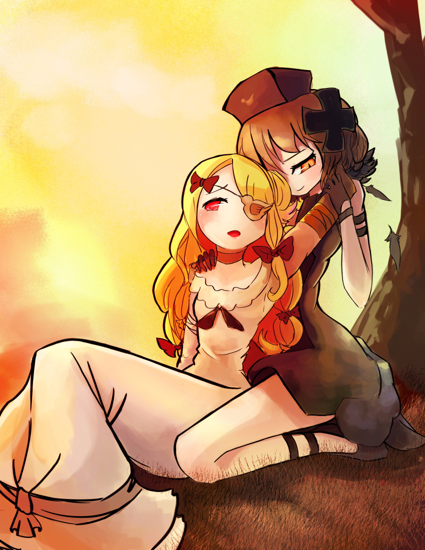 2girls absurdres black_dress blonde_hair blush coatifan couple dress eyepatch grass highres leaning_back long_hair mahou_shoujo_ikusei_keikaku multiple_girls on_ground pfle pillbox_hat red_eyes shadowgale short_hair sitting sunset tree white_dress yuri