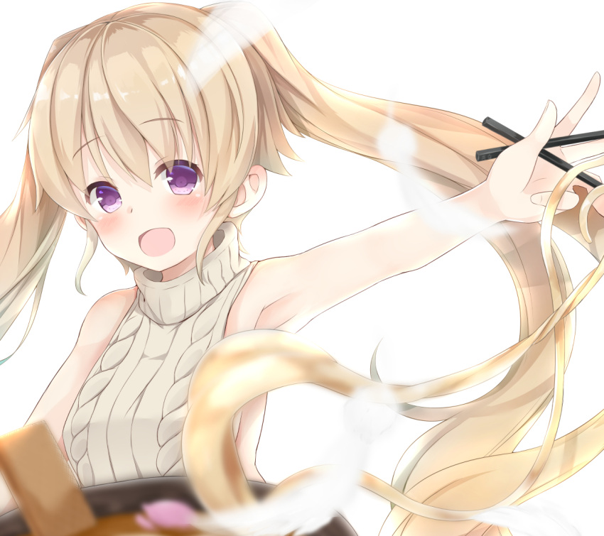 1girl :d ao_no_kanata_no_four_rhythm aran_sweater arisaka_mashiro armpits backless_outfit bangs blonde_hair blurry blush bowl breasts chopsticks depth_of_field eyebrows_visible_through_hair feathers floating_hair hair_between_eyes halterneck holding holding_chopsticks long_hair looking_at_viewer medium_breasts meme_attire naked_sweater noa_(letizia) open_mouth ribbed_sweater simple_background smile solo sweater turtleneck turtleneck_sweater twintails udon violet_eyes virgin_killer_sweater white_background