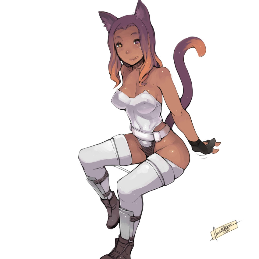 1girl altera_moontail animal_ears ankle_boots bare_shoulders belt boots breasts brown_eyes brown_hair cat_ears cat_tail cleavage cosplay dark_skin faustsketcher final_fantasy final_fantasy_xiv fingerless_gloves full_body ghost_in_the_shell ghost_in_the_shell_stand_alone_complex gloves gradient_hair heterochromia highres invisible_chair kusanagi_motoko kusanagi_motoko_(cosplay) leotard licking_lips long_hair medium_breasts miqo'te multicolored_hair original purple_hair sitting solo tail thigh-highs tongue tongue_out violet_eyes white_background