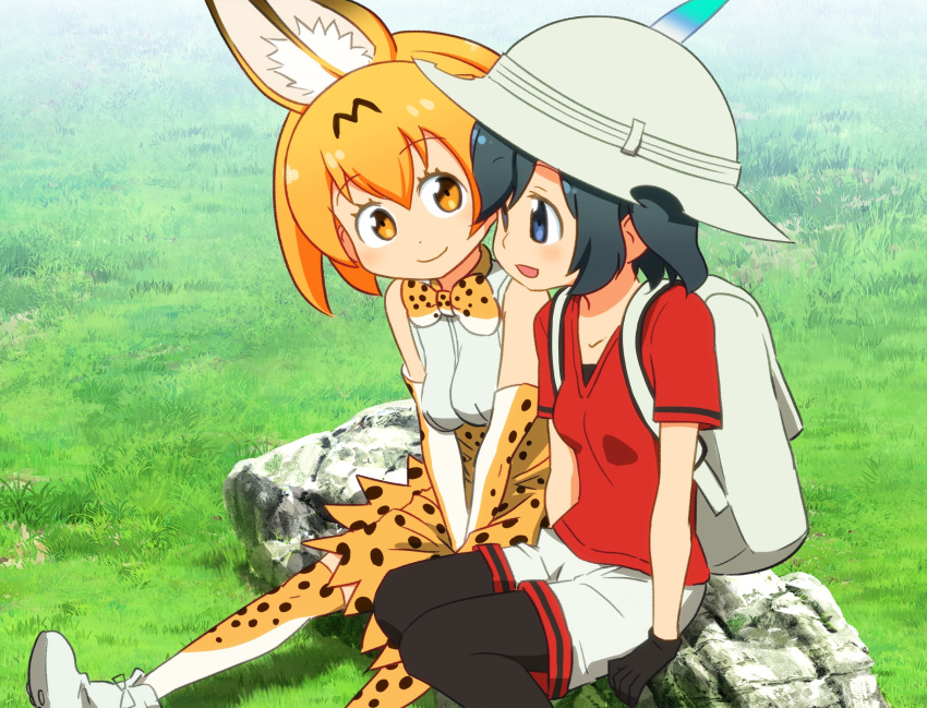animal_ears backpack bag bare_shoulders between_legs black_gloves black_hair blue_eyes bow bowtie breasts collarbone commentary_request elbow_gloves eyebrows_visible_through_hair eyelashes feathers gloves grass hand_between_legs hat highres kaban kemono_friends looking_at_another looking_away medium_breasts orange_eyes orange_hair outdoors pantyhose red_shirt ribbon rock safari_hat sanpaku sat-c serval_(kemono_friends) serval_ears shadow shirt shoe_ribbon short_hair shorts sitting skirt sleeveless sleeveless_shirt smile socks tareme thigh-highs white_footwear white_shirt
