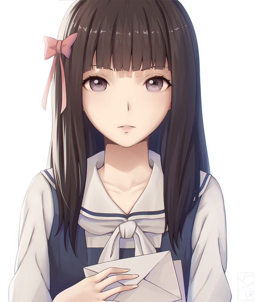 1girl bangs blunt_bangs bow brown_eyes brown_hair collarbone commentary eyebrows_visible_through_hair fumino_aya hair_bow highres holding_letter letter long_hair looking_at_viewer miura-n315 parted_lips root_letter sailor_collar school_uniform serafuku simple_background solo white_background