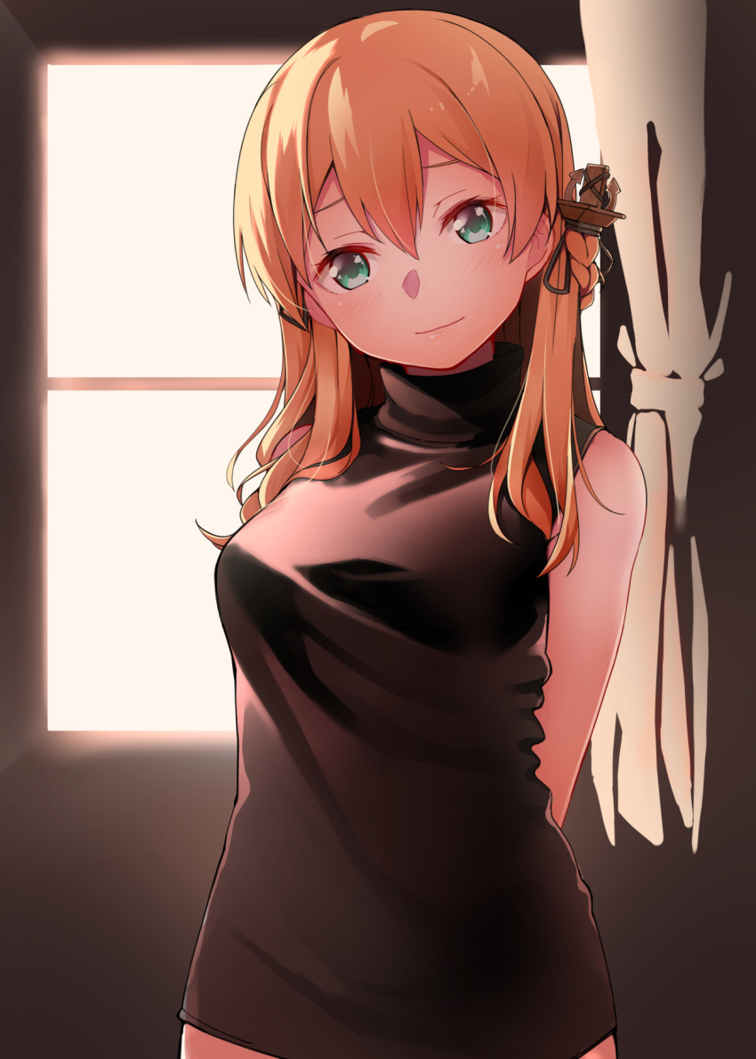 1girl alternate_costume alternate_hairstyle anchor_hair_ornament arms_behind_back backlighting bare_shoulders blonde_hair blush breasts byte_(allbyte) curtains green_eyes hair_ornament head_tilt highres indoors kantai_collection looking_at_viewer low_twintails medium_breasts no_headwear prinz_eugen_(kantai_collection) sleeveless sleeveless_turtleneck smile solo sweater turtleneck turtleneck_sweater twintails upper_body window