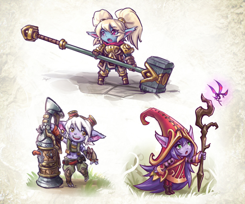 3girls animal_ears armor commentary goggles goggles_on_head green_eyes hat highres league_of_legends long_hair lulu_(league_of_legends) maxa' multiple_girls open_mouth pointy_ears poppy purple_hair purple_skin short_hair tristana twintails weapon white_hair witch_hat yordle