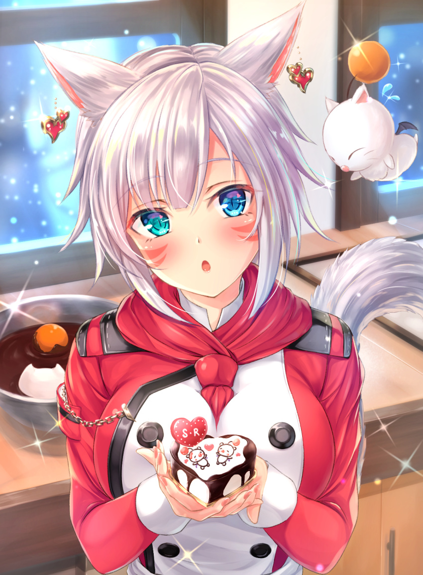 animal_ears blue_eyes cat_ears cat_tail earrings facial_mark final_fantasy final_fantasy_xiv highres jewelry looking_at_viewer miqo'te moogle short_hair silver_hair slit_pupils tail tiphereth valentine