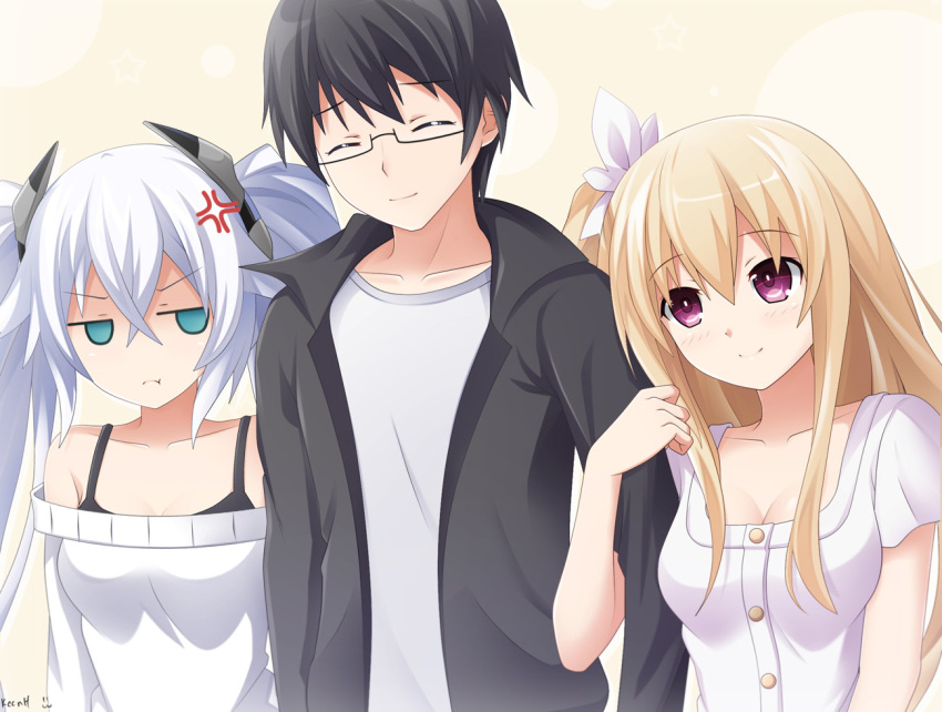 1boy 2girls anger_vein arm_grab bare_shoulders black_heart blonde_hair blue_eyes blush breasts casual choujigen_game_neptune cleavage date_a_live elbow_gloves glasses gloves hetero keenh long_hair looking_at_viewer mayuri_(date_a_live) multiple_girls neptune_(series) noire twintails very_long_hair violet_eyes white_hair