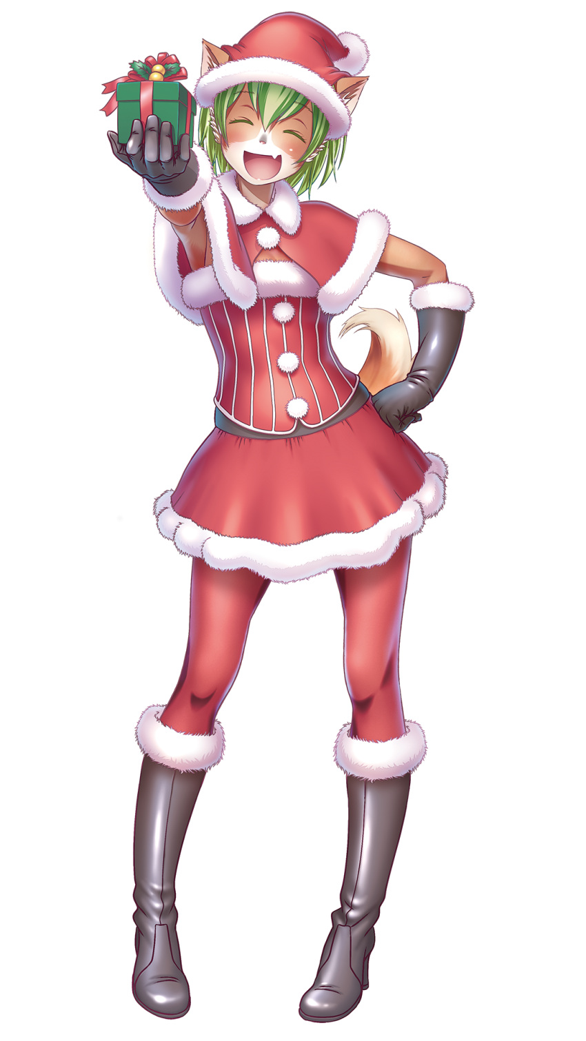 1girl animal_ears black_gloves boots closed_eyes dog_ears dog_tail elbow_gloves full_body furry gift gloves green_hair hand_on_hip hat highres knee_boots open_mouth original pantyhose pigeon-toed red_legwear santa_costume santa_hat skirt smile solo tail tewatasanaiinu wokada