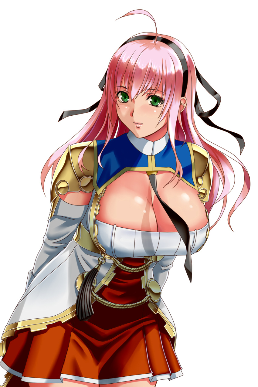 1girl ahoge armor bangs black_ribbon breasts cleavage cowboy_shot dress dungeon_and_fighter green_eyes hair_ribbon hairband highres knight_(dungeon_and_fighter) large_breasts leaning_forward long_hair long_sleeves looking_at_viewer pink_hair ribbon shoulder_armor solo suuitchi