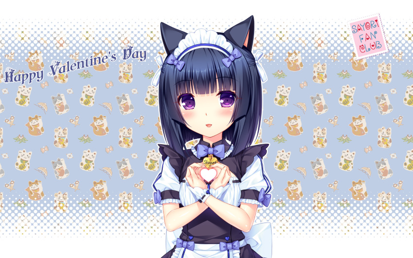 1girl :d animal_ears artist_name bangs black_hair blunt_bangs bow bowtie cat_ears character_name cleavage_cutout crossed_arms english fake_animal_ears hair_ribbon half_updo happy_valentine heart heart_hands highres looking_at_viewer maid maid_headdress minazuki_shigure name_tag nekopara official_art open_mouth puffy_short_sleeves puffy_sleeves ribbon sayori short_hair short_sleeves smile solo upper_body valentine violet_eyes wallpaper wrist_cuffs