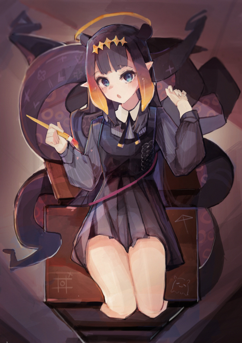 1girl :o absurdres ai_ai_gasa bangs black_dress blue_eyes blunt_bangs collared_shirt commentary desk dress full_body gradient_hair grey_shirt halo hands_up headpiece highres holding holding_paintbrush hololive hololive_english long_hair looking_at_viewer mole mole_under_eye multicolored_hair neck_ribbon ninomae_ina'nis on_desk paintbrush pinafore_dress pinstripe_pattern pinstripe_shirt plplpupu pointy_ears purple_hair reclining ribbon school_desk shirt sidelocks solo striped symbol-only_commentary tako_(ninomae_ina'nis) tentacle_hair tentacles tic-tac-toe virtual_youtuber