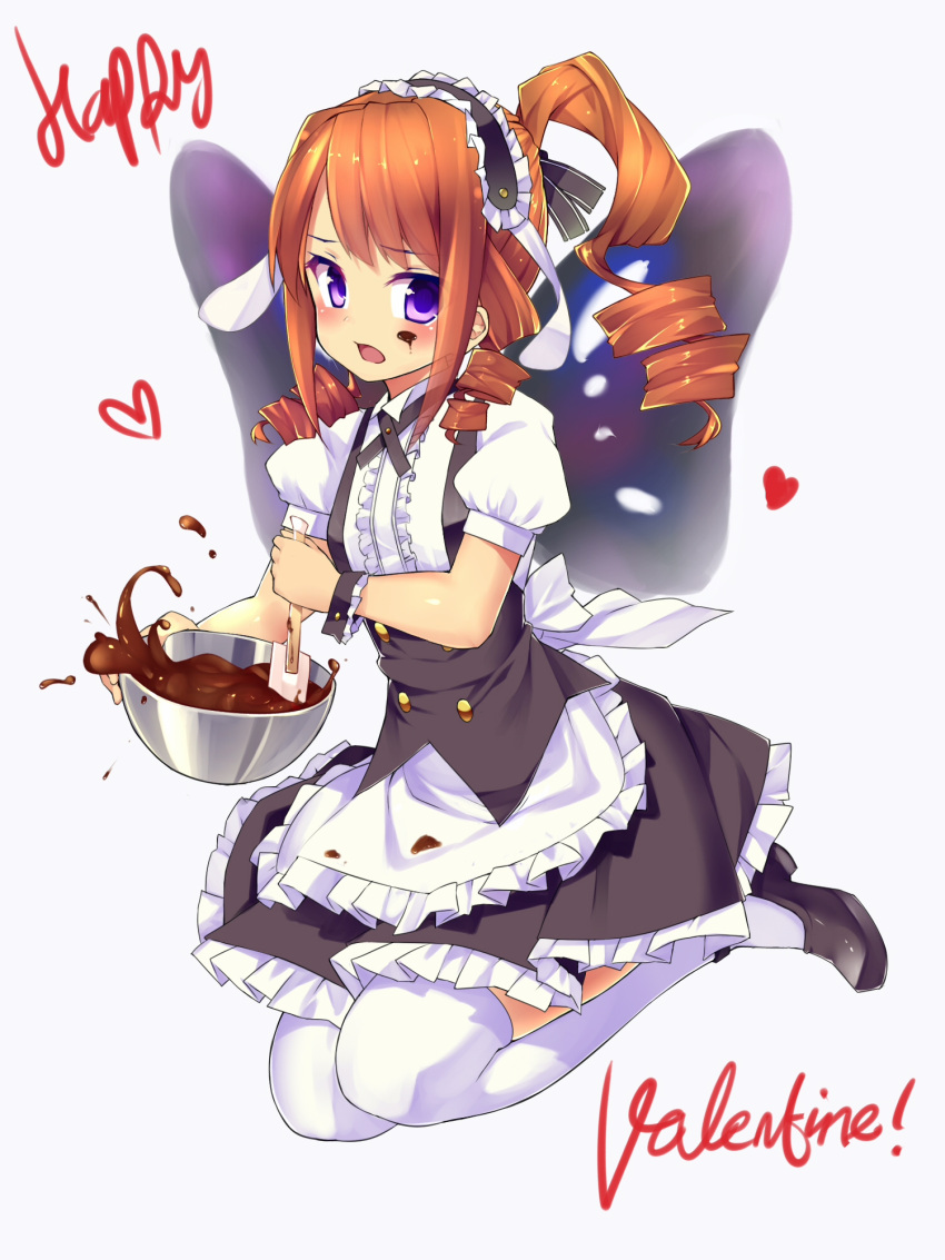 1girl apron bangs black_shoes blouse blush bonkiru brown_hair chocolate curly_hair drill_hair eyebrows_visible_through_hair fleur_de_lapin_uniform food food_on_face frilled_apron frilled_blouse frills full_body happy_valentine heart highres loafers long_hair looking_at_viewer maid mixing_bowl open_mouth original over-kneehighs ponytail puffy_short_sleeves puffy_sleeves shoes short_sleeves simple_background solo spatula swept_bangs thigh-highs violet_eyes waist_apron white_background white_blouse white_legwear