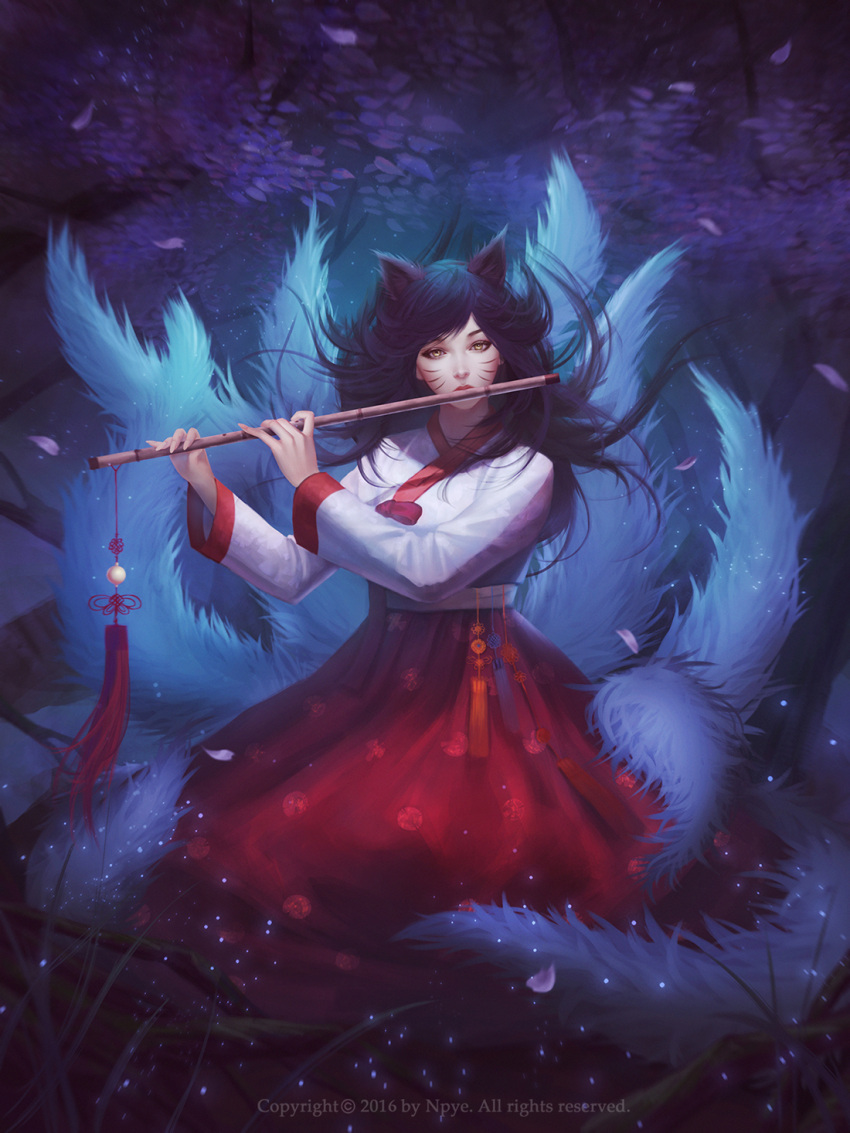 1girl ahri animal_ears artist_name black_hair downscaled facial_mark flute fox_ears fox_tail full_body grass hanbok highres instrument korean_clothes league_of_legends long_hair long_sleeves looking_at_viewer md5_mismatch multiple_tails music outdoors petals playing_instrument poenatsha_yuen resized revision signature solo tail watermark whisker_markings wind yellow_eyes