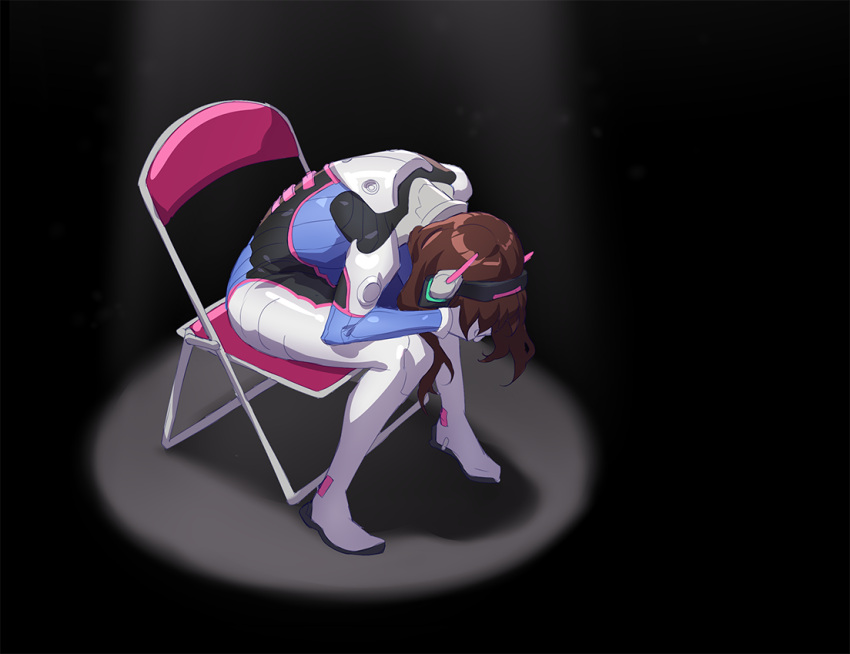 1girl blue_bodysuit bodysuit boots bracer brown_hair chair covering_face d.va_(overwatch) facepaint facepalm facial_mark gloves hands_on_own_face hands_up headphones knee_pads legs_apart long_hair long_sleeves meadowlarking neon_genesis_evangelion overwatch parody pauldrons pilot_suit ribbed_bodysuit shoulder_pads sitting skin_tight solo spotlight thigh-highs thigh_boots turtleneck white_boots white_gloves