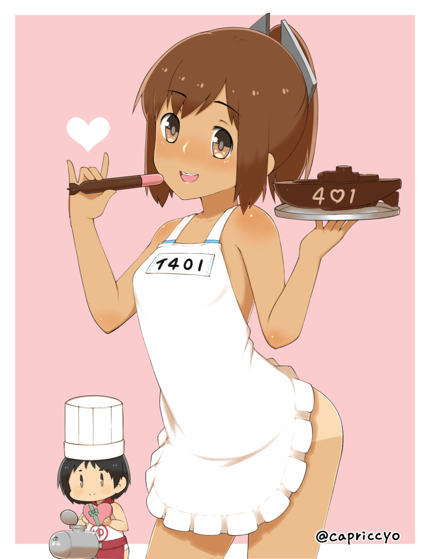 2girls apron black_hair bowl brown_eyes brown_hair capriccyo character_name chef_hat chibi chocolate contrapposto cowboy_shot hat highres i-401_(kantai_collection) kantai_collection maru-yu_(kantai_collection) multiple_girls naked_apron open_mouth plate ponytail sailor_collar school_swimsuit short_hair short_ponytail spatula submarine swimsuit tan tanline toque_blanche torpedo twitter_username watercraft white_school_swimsuit white_swimsuit