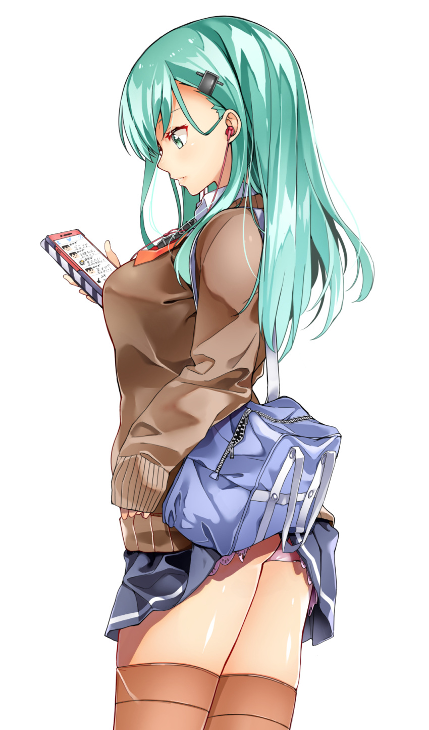 1girl accidental_exposure ascot ass bag blazer blue_skirt breasts brown_jacket brown_legwear byte_(allbyte) cellphone closed_mouth collared_shirt cowboy_shot duffel_bag earphones from_side green_eyes green_hair highres holding holding_phone jacket kantai_collection long_hair long_sleeves looking_at_phone medium_breasts orange_ascot panties pantyshot pantyshot_(standing) partially_unzipped phone profile school_bag school_uniform shiny shiny_skin shirt simple_background skirt skirt_lift sleeves_past_wrists smartphone solo standing striped striped_legwear suzuya_(kantai_collection) sweater thighs underwear wardrobe_malfunction white_background wing_collar zipper