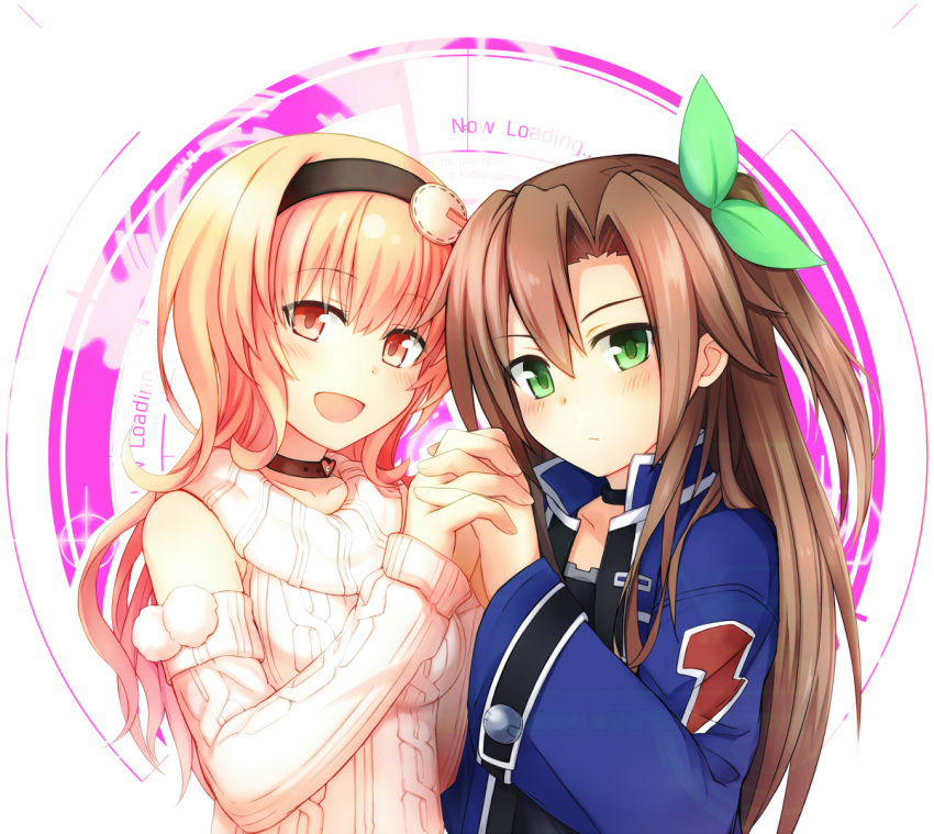 2girls blonde_hair blush bow breasts brown_hair choujigen_game_neptune coat compa female fuji_kakei green_eyes hair_ornament hairband hand_holding if_(choujigen_game_neptune) long_hair looking_at_viewer multiple_girls neptune_(series) open_clothes open_coat open_mouth orange_eyes orange_hair ribbed_sweater smile sweater yuri