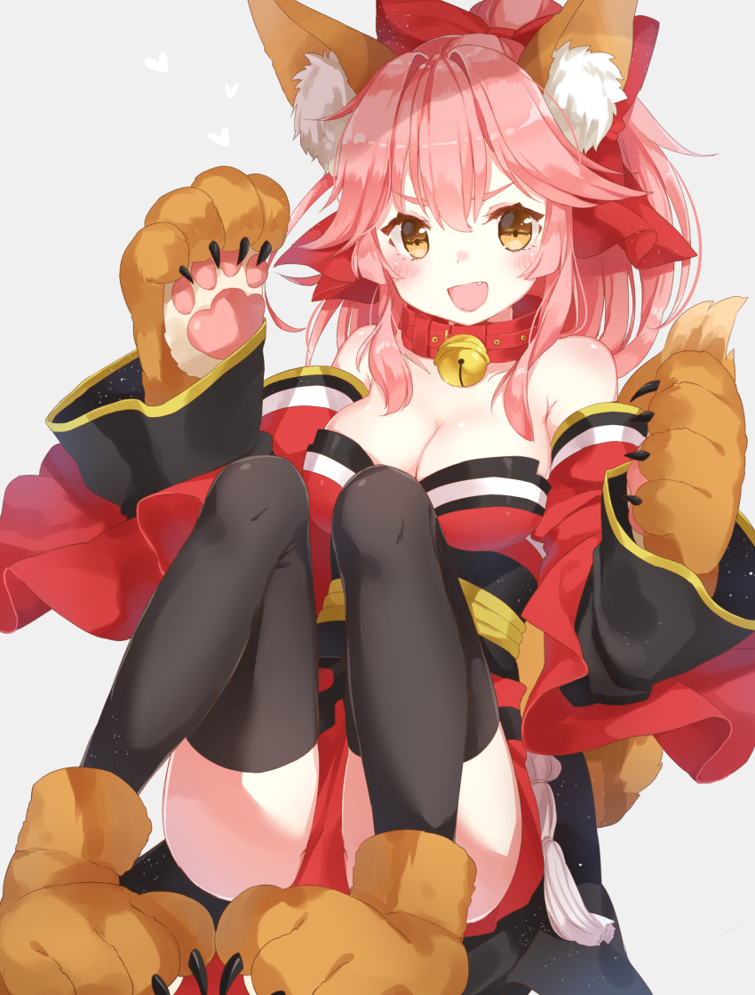 &gt;:d 1girl :d animal_ears bell black_legwear blush body_blush bow breasts brown_eyes claws cleavage collar collarbone detached_sleeves fang fate/grand_order fate_(series) fox_ears fox_tail gloves hair_bow highres invisible_chair japanese_clothes jimmy jingle_bell kimono knees_up large_breasts long_hair long_sleeves looking_at_viewer open_mouth paw_gloves paws pink_hair ponytail red_bow red_kimono sash sitting smile tail tamamo_(fate)_(all) tamamo_cat_(fate) thick_eyebrows thigh-highs underbust wide_sleeves