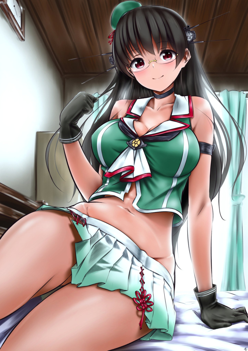 1girl arm_support armband bed_sheet beret black_gloves black_hair blue_hat breasts choukai_(kantai_collection) collarbone glasses gloves gluteal_fold hat headgear highres holding holding_hair indoors kantai_collection large_breasts long_hair looking_at_viewer miniskirt navel on_bed pleated_skirt radar_hair_ornament red_eyes remodel_(kantai_collection) searchlight sitting skirt smile solo tatusinomu underbust white_skirt window wooden_ceiling