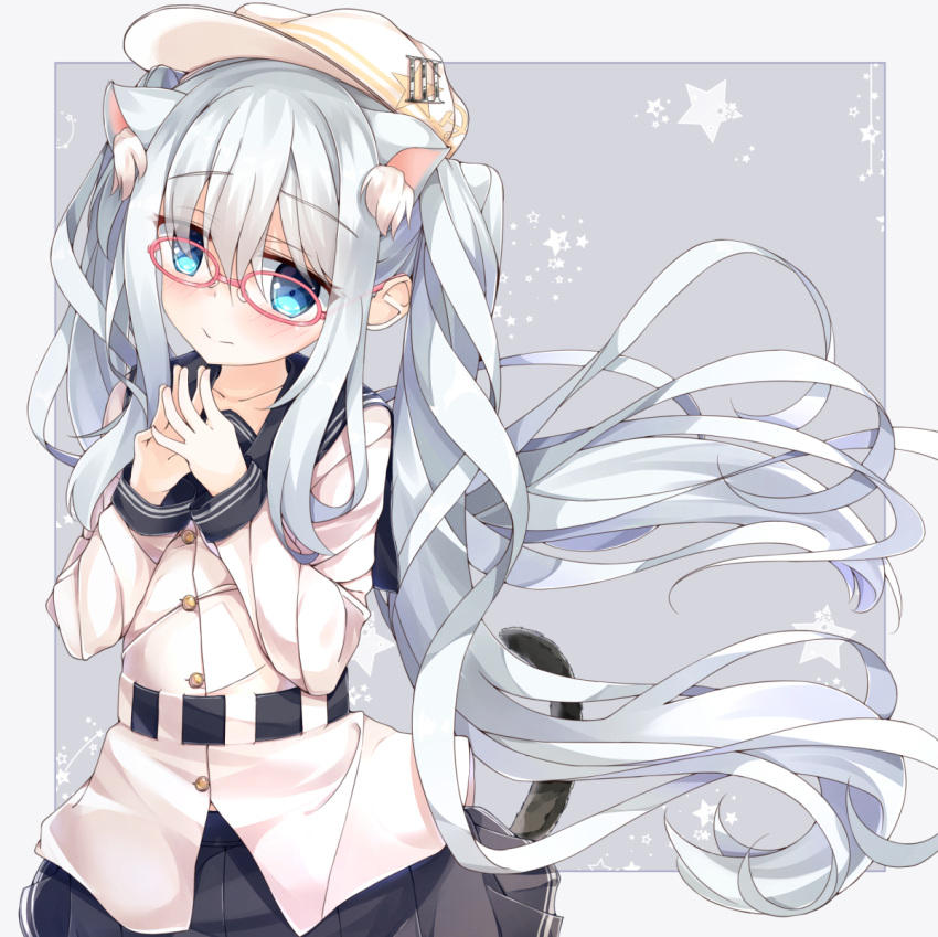 1girl 3: alternate_hairstyle animal_ears bangs black_skirt blue_eyes blush cat_ears cat_girl cat_tail closed_mouth collarbone eyebrows_visible_through_hair fingers_together flat_cap floating_hair glasses grey_background hair_between_eyes hands_up hat hibiki_(kantai_collection) kantai_collection long_hair looking_at_viewer niruanu_(nitayam) pink-framed_eyewear pleated_skirt school_uniform serafuku silver_hair skirt solo star starry_background tail twintails upper_body verniy_(kantai_collection) very_long_hair