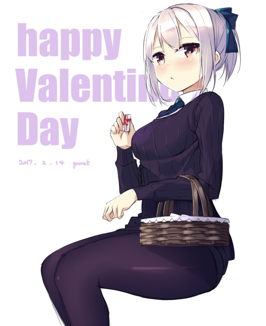 1girl brown_eyes garnet highres original pantyhose short_hair silver_hair simple_background sitting solo valentine