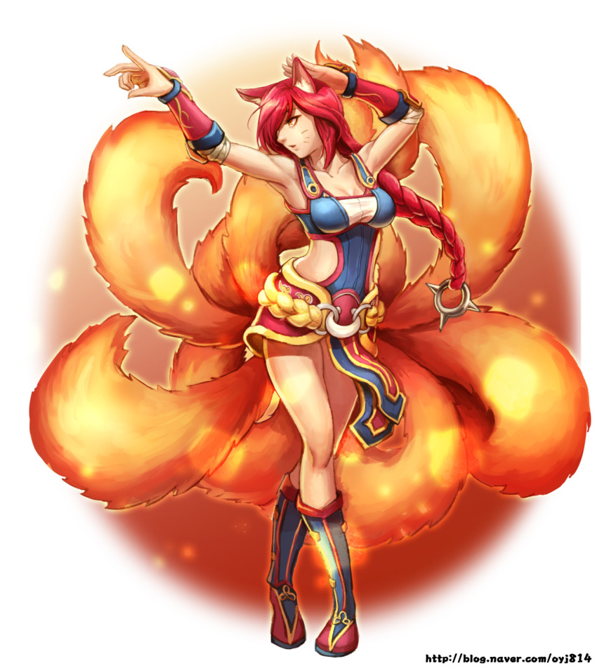 1girl ahri alternate_costume alternate_hair_color animal_ears armpits bangs braid breasts cleavage collarbone facial_mark fox_ears fox_tail foxfire_ahri highres large_breasts league_of_legends long_hair multiple_tails redhead single_braid solo tail whisker_markings yellow_eyes