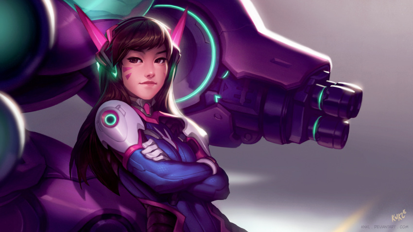1girl artist_name backlighting bangs bodysuit breasts brown_eyes brown_hair crossed_arms d.va_(overwatch) facial_mark gloves grey_background headphones highres kienan_lafferty leaning_on_object light_smile lips long_hair looking_at_viewer md5_mismatch mecha meka_(overwatch) nose overwatch pilot_suit revision signature small_breasts smug solo swept_bangs upper_body watermark web_address whisker_markings white_gloves