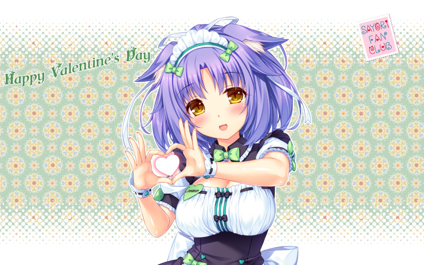1girl :d animal_ears artist_name blush bow bowtie breasts brown_eyes cat_ears character_name cinnamon_(sayori) cleavage cleavage_cutout english floral_background hair_ribbon happy_valentine heart heart_hands highres large_breasts looking_at_viewer maid maid_headdress name_tag nekopara official_art open_mouth puffy_short_sleeves puffy_sleeves purple_hair ribbon ribbon-trimmed_clothes ribbon_trim sayori short_hair short_sleeves slit_pupils smile solo upper_body valentine wallpaper wrist_cuffs