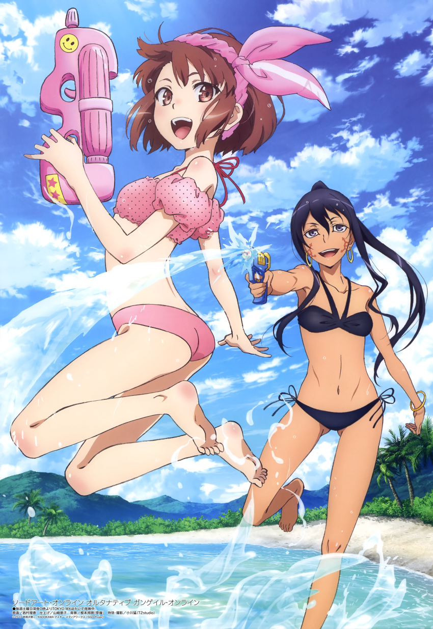 2girls :d absurdres aiming airborne armpits ass bare_shoulders barefoot bikini black_hair blue_sky blush body_blush bracelet breasts brown_eyes brown_hair bush clouds cloudy_sky collarbone dark_skin day earrings eyebrows_visible_through_hair eyes_visible_through_hair gluteal_fold grey_eyes gun hair_between_eyes hairband highres holding holding_gun holding_weapon jewelry jumping llenn_(sao) long_hair looking_at_another looking_at_viewer magazine_scan medium_breasts megami mountain multiple_girls navel nishimura_rie official_art open_hand open_mouth outdoors palm_tree pink_bikini pink_hairband pinky_out pitohui_(sao) polka_dot_bikini_top ponytail round_teeth running sand scan shore short_hair side-tie_bikini sky small_breasts smile swimsuit sword_art_online sword_art_online_alternative:_gun_gale_online tattoo teeth tongue tree water water_gun weapon yellow_bracelet yellow_earrings
