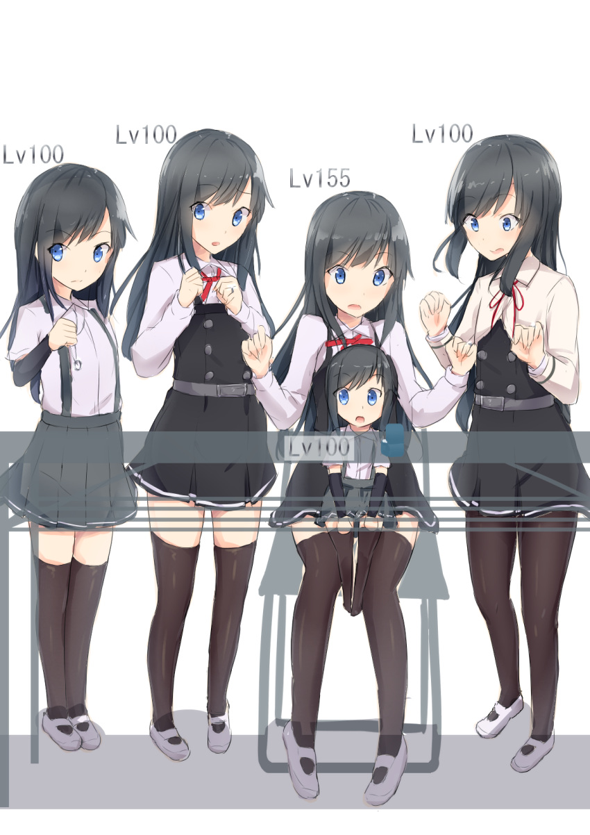 arm_warmers asashio_(kantai_collection) black_hair black_legwear blue_eyes buttons chair commentary_request dress highres kantai_collection long_hair long_sleeves looking_at_viewer moonstar neck_ribbon pantyhose pinafore_dress pleated_skirt red_ribbon remodel_(kantai_collection) ribbon school_uniform shirt short_sleeves sitting skirt suspenders thigh-highs white_shirt