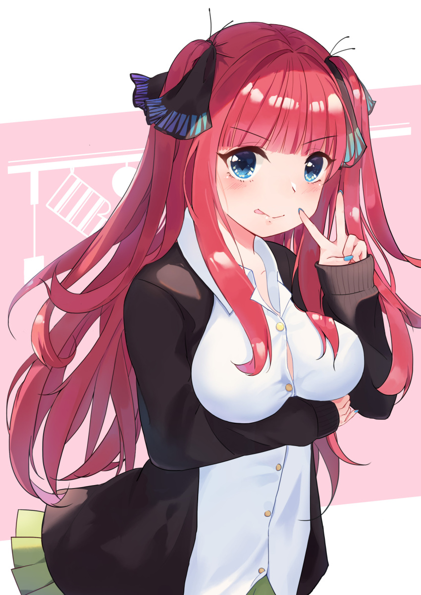 :&gt; absurdres arm_under_breasts bangs black_cardigan black_ribbon blue_eyes blue_nails blunt_bangs blush breasts butterfly_hair_ornament button_gap cardigan go-toubun_no_hanayome green_skirt hair_ornament highres hime_cut large_breasts long_hair looking_at_viewer nail_polish naimiaomiaomiaomiao nakano_nino open_cardigan open_clothes pink_hair ribbon shirt simple_background skirt sleeves_past_wrists smile tongue tongue_out twintails v v-shaped_eyebrows white_shirt