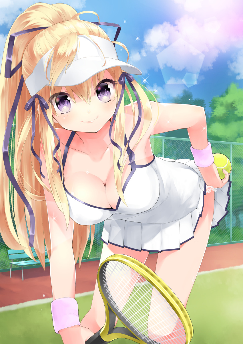1girl ball blonde_hair breasts chain-link_fence cleavage clouds cloudy_sky fence flying_sweatdrops hair_ribbon highres leaning_forward lens_flare long_hair original panties pantyshot pleated_skirt ponytail racket ribbon rin2008 skirt sky smile solo sparkle sportswear sweat tennis tennis_ball tennis_court tennis_racket tennis_uniform underwear violet_eyes white_panties