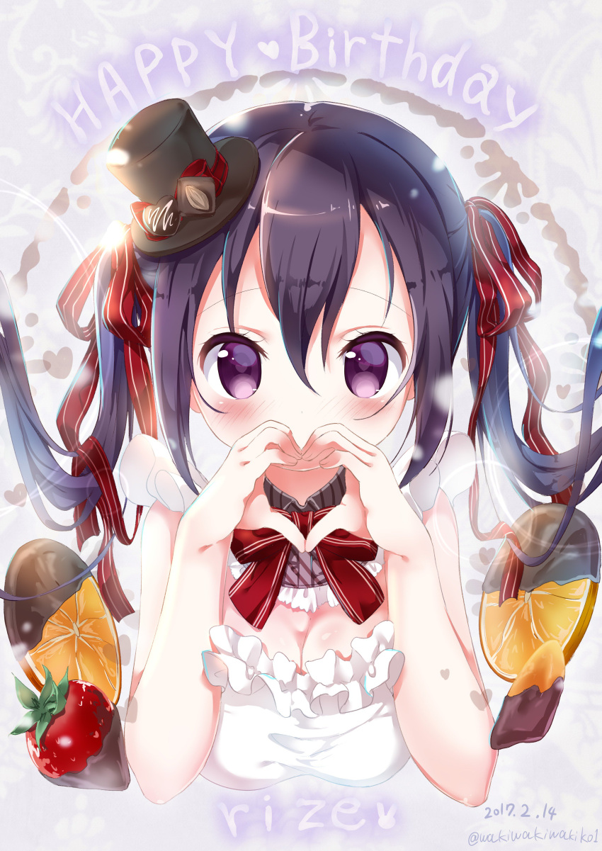 1girl 2017 absurdres bangs bare_arms birthday blush breast_squeeze breasts character_name chocolate chocolate_heart cleavage covered_mouth dated detached_collar english eyelashes food frills fruit gochuumon_wa_usagi_desu_ka? hair_between_eyes hair_ribbon happy_birthday hat hat_ribbon heart heart-shaped_pupils heart_hands highres long_hair looking_at_viewer medium_breasts mini_hat mini_top_hat neck_ribbon neki_(wakiko) orange orange_slice purple_hair red_ribbon ribbon solo strawberry symbol-shaped_pupils tedeza_rize top_hat twintails twitter_username upper_body valentine violet_eyes white_apron