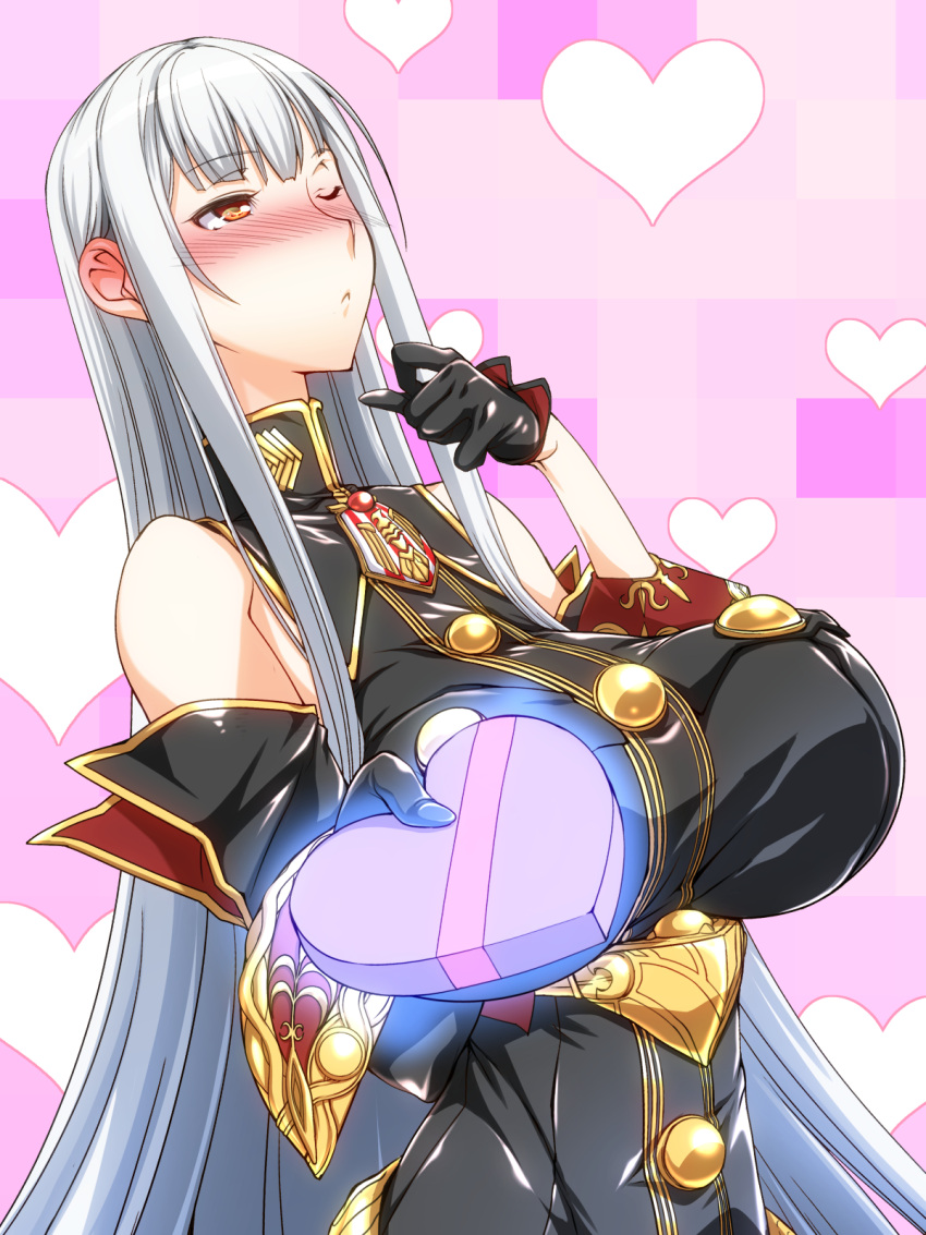 1girl ;&lt; bad_anatomy bangs bare_shoulders blunt_bangs blush breasts closed_mouth detached_sleeves ebido gift heart heart_background highres incoming_gift large_breasts long_hair nose_blush red_eyes selvaria_bles senjou_no_valkyria sidelocks silver_hair solo upper_body very_long_hair