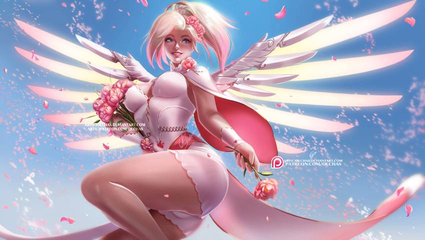 1girl adapted_costume alternate_costume blonde_hair blue_eyes blue_sky bodice breasts cape cleavage commentary cowboy_shot day flower from_below glowing glowing_wings gradient gradient_hair hair_flower hair_ornament headgear holding holding_flower lipstick looking_at_viewer makeup mechanical_halo mechanical_wings medium_breasts mercy_(overwatch) multicolored_hair nose olga_solovian outdoors overwatch pelvic_curtain peony_(flower) petals pink_flower pink_hair pink_lips pink_lipstick pink_rose ponytail rose signature sky sleeveless smile solo spread_wings teeth thigh-highs turtleneck watermark web_address wings yellow_wings
