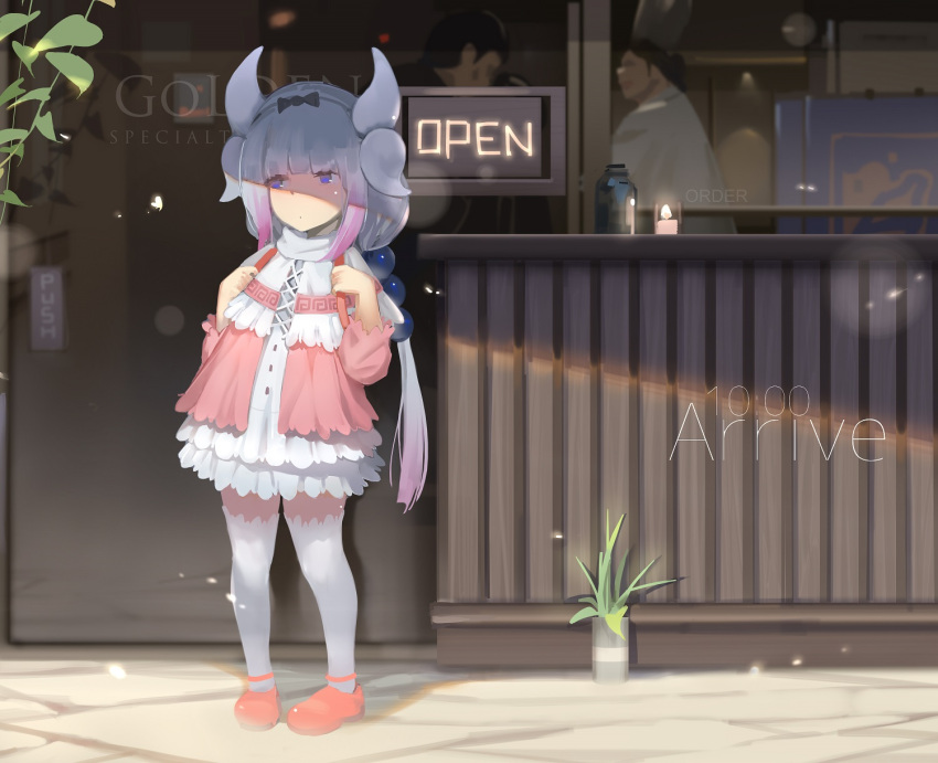 1girl :o backpack bag bangs beads black_bow black_hairband blouse blue_eyes blunt_bangs bottle bow buttons cafe capelet child cross-laced_clothes day dragon_girl dragon_horns dress expressionless flat_chest flower_pot frilled_capelet frilled_skirt frills full_body fur_trim gothic_lolita gradient gradient_hair hair_beads hair_bow hair_ornament hairband hana_mori hands_up highres horns jitome kanna_kamui kobayashi-san_chi_no_maidragon lavender_hair leaf legs_apart lolita_fashion long_hair long_sleeves looking_away low_twintails microdress multicolored_hair open_mouth outdoors plant purple_hair randoseru red_shoes shoes skirt solo standing tail thigh-highs timestamp twintails white_hair white_legwear
