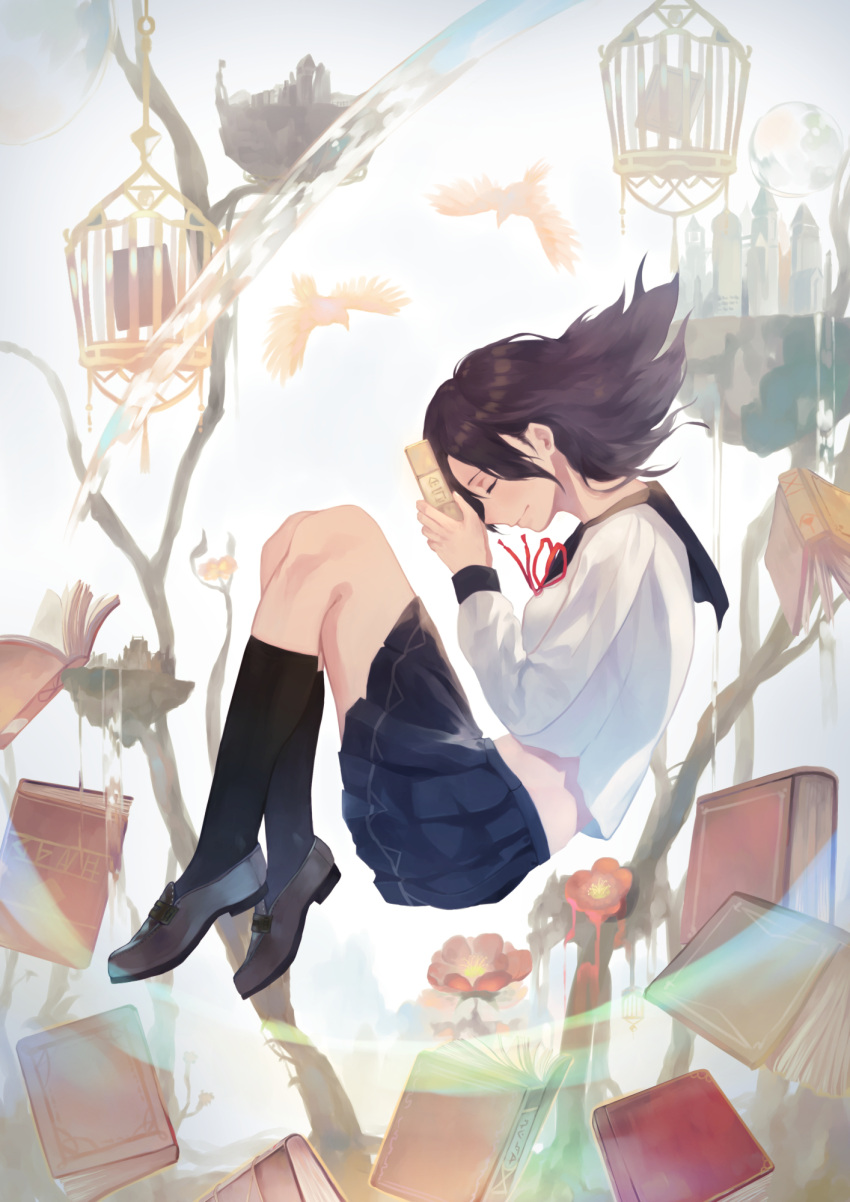 1girl bird birdcage black_hair black_legwear blue_skirt book branch cage closed_eyes commentary_request floating highres knees_up long_sleeves midriff original pleated_skirt red_flower risuno_(kukucucu0987) school_uniform shirt skirt smile solo white_shirt