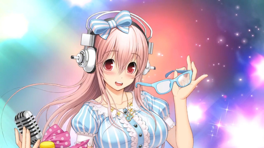 1920x1080 1girl arm_out blush bow glasses hair_bow headphones looking_at_viewer microphone necklace open_mouth pink_hair red_eyes solo super_sonico tagme very_long_hair wallpaper wide_eyes