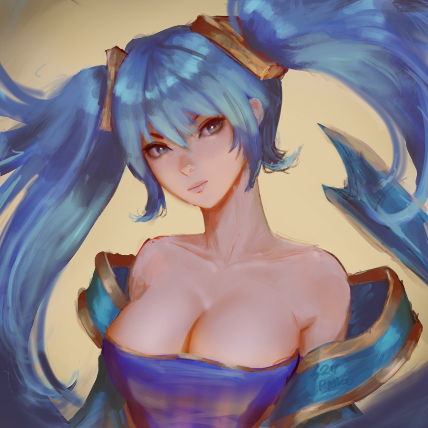 1girl bare_shoulders blue_dress blue_eyes blue_hair breasts cleavage collarbone dress female hair_between_eyes head_tilt highres large_breasts league_of_legends light_blue_hair long_hair looking_at_viewer neck raikoart serious solo sona_buvelle strapless strapless_dress twintails upper_body